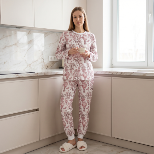 Доросла піжама з довгим рукавом преміальної бавовни Supima PW101  Pink Toile Africa