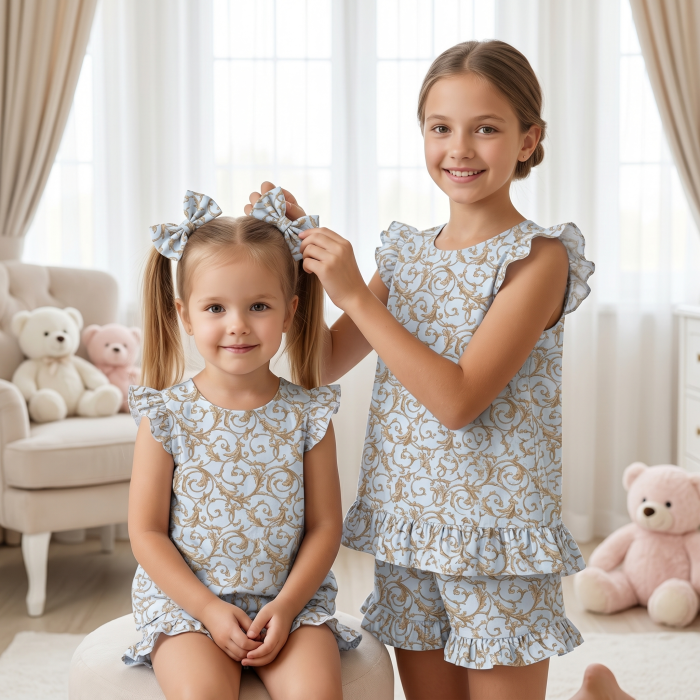 Коротка піжама для дівчаток  з рюшами  із бавовни Supima PJ007 Allure Blue
