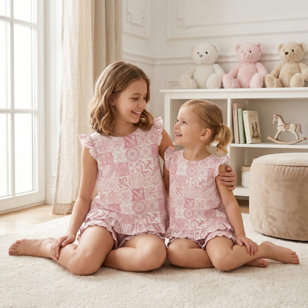 Коротка піжама для дівчаток  з рюшами  із бавовни Supima PJ007 AMALFI PINK