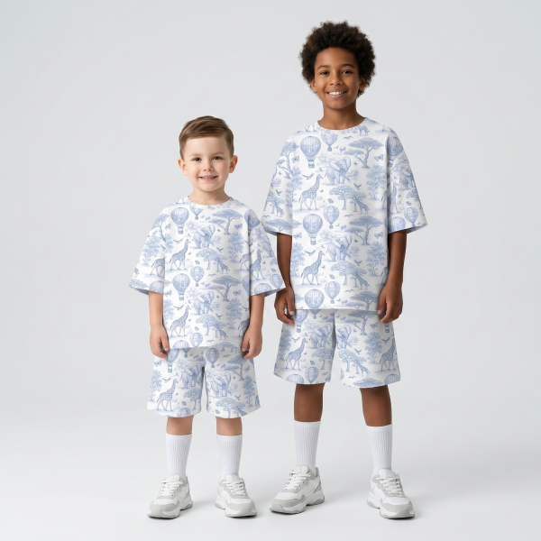 Комфортный комплект OVERSIZE из органического Pima коттона с коротким рукавом PJ006 BLUE TOILE AFRICA