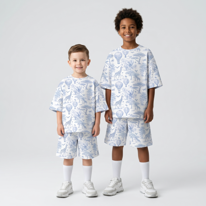Комфортний комплект іOVERSIZE з органічного піма котону з коротким рукавом PJ006 BLUE TOILE AFRICA