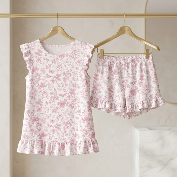 Коротка піжама для дівчаток  з рюшами  із бавовни Supima PJ007 CHLOE PINK