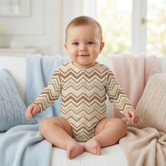 Боді Передня застібка з довгим рукавом для немовлят BLS005  ZIG ZAG BROWN