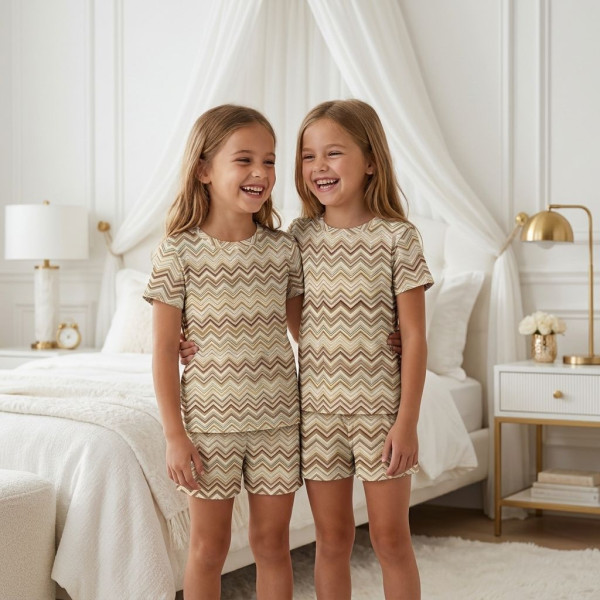 Комфортний комплект із органічного піма котону з коротким рукавом PJ005 ZIG ZAG BROWN