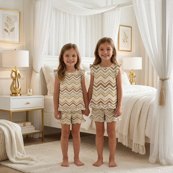 Коротка піжама для дівчаток  з рюшами  із бавовни Supima PJ007 ZIG ZAG BROWN