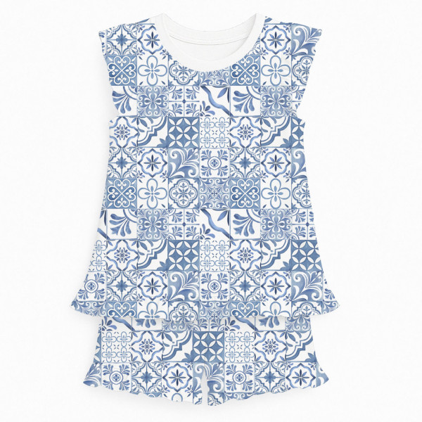 Коротка піжама для дівчаток  з рюшами  із бавовни Supima PJ007 AMALFI BLUE