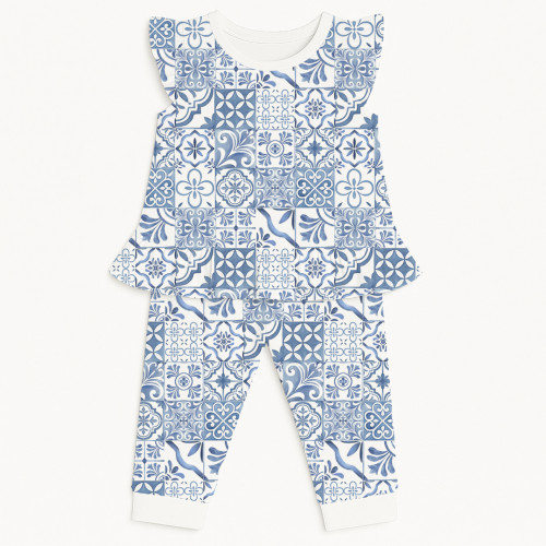 Хлопковая пижама для девочек с рюшами из хлопка Supima – PJ012 AMALFI BLUE