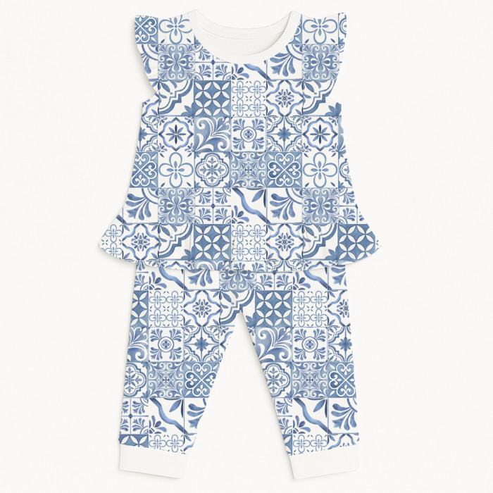 Довга піжама для дівчаток з рюшами із бавовни Supima – PJ012 AMALFI BLUE