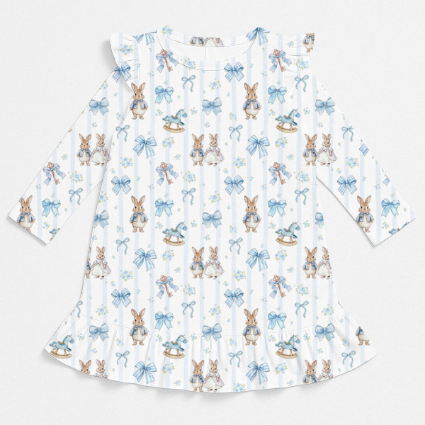 Чарівна нічна сукня з рюшами та довгим рукавом з бавовни Supima DR010 LULU BLUE