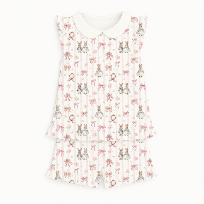 Коротка піжама для дівчаток  з рюшами з комiрцем  із бавовни Supima PJ007CL LULU PINK