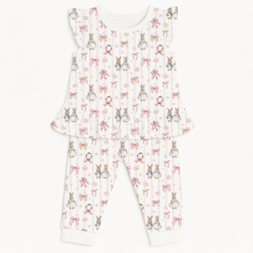 Хлопковая пижама для девочек с рюшами из хлопка Supima – PJ012 LULU PINK