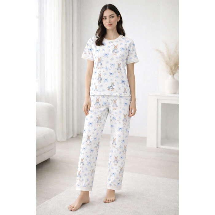 Елегантний комплект з футболкою та прямими штанами  100% Supima Cotton PW104 · LULU BLUE