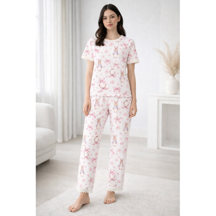 Елегантний комплект з футболкою та прямими штанами  100% Supima Cotton PW104 · LULU PINK