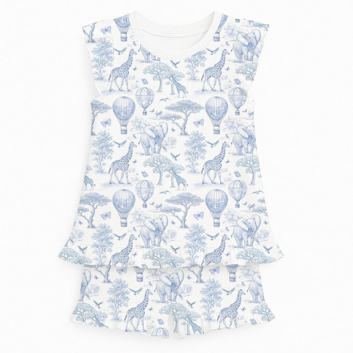 Коротка піжама для дівчаток  з рюшами  із бавовни Supima PJ007 BLUE TOILE AFRICA