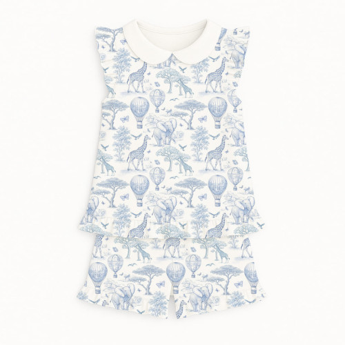 Короткая пижама для девочек с рюшами и воротником из хлопка Supima – PJ007 BLUE TOILE AFRICA