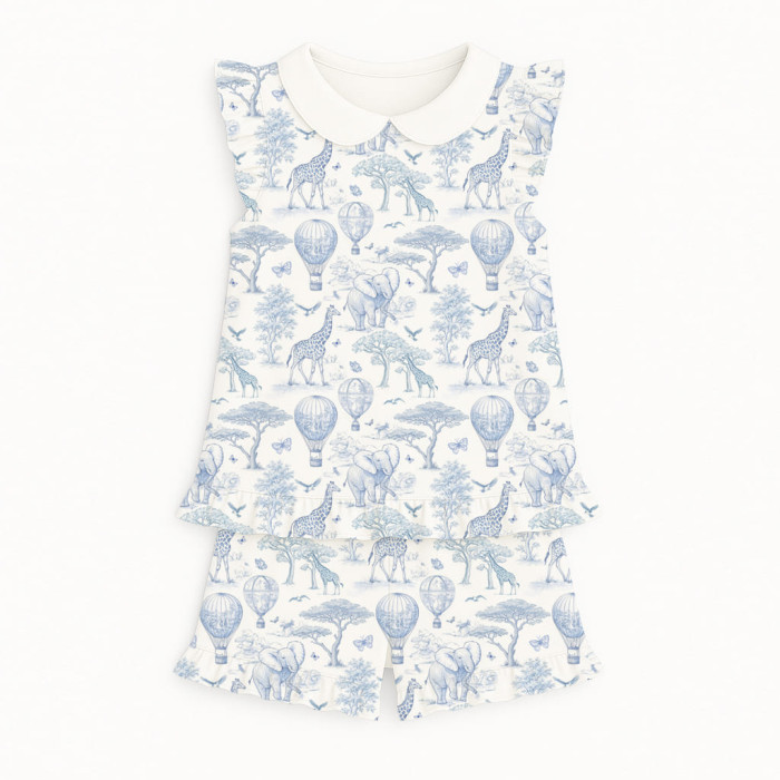 Коротка піжама для дівчаток  з рюшами з комiрцем  із бавовни Supima PJ007 BLUE TOILE AFRICA
