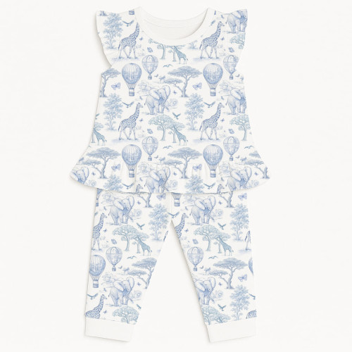 Хлопковая пижама для девочек с рюшами из хлопка Supima – PJ012 BLUE TOILE AFRICA