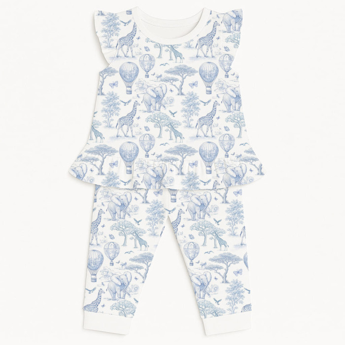 Довга піжама для дівчаток з рюшами із бавовни Supima – PJ012 BLUE TOILE AFRICA