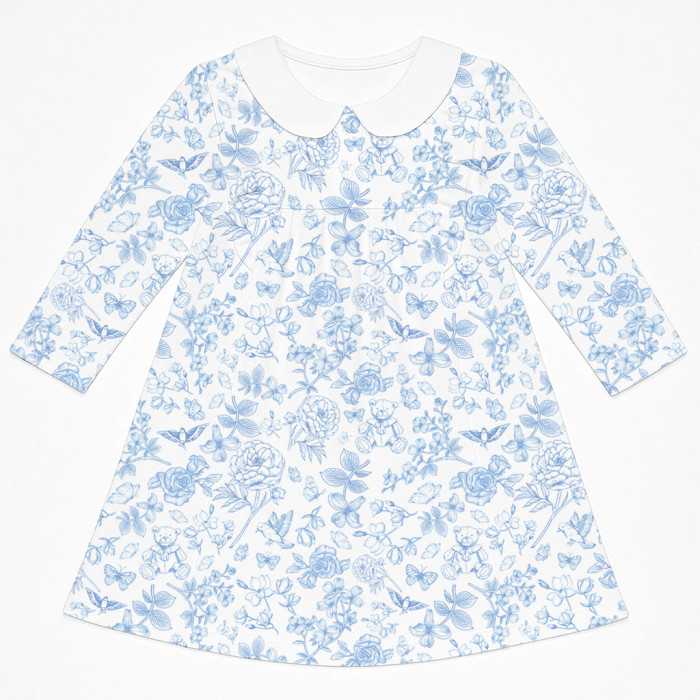 Чарівна сукня з рюшами, довгим рукавом i комірцем з бавовни Supima DR016CL CHLOE BLUE