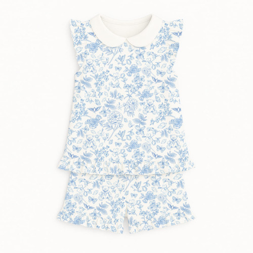 Короткая пижама для девочек с рюшами и воротником из хлопка Supima – PJ007 CHLOE BLUE