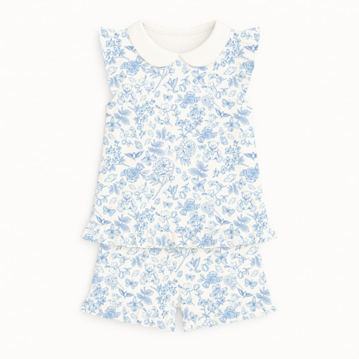 Коротка піжама для дівчаток  з рюшами з комiрцем  із бавовни Supima PJ007 CHLOE BLUE
