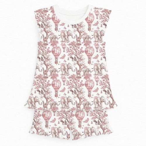 Короткая пижама для девочек с рюшами из хлопка Supima – PJ007 PINK TOILE AFRICA