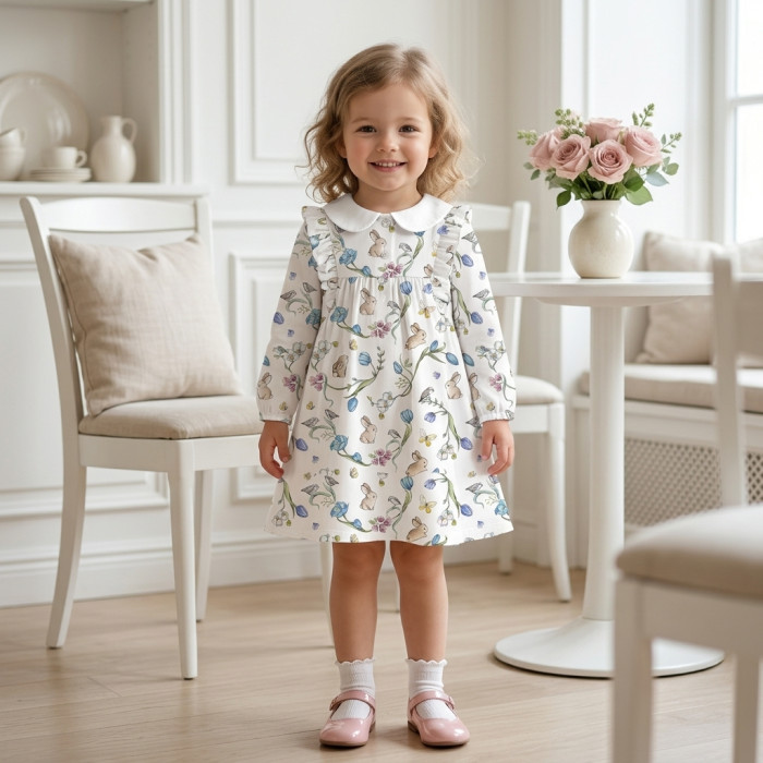 Очаровательное платье  с рюшами, длинным рукавом и воротником – DR016CL BLOSSOM BLUE