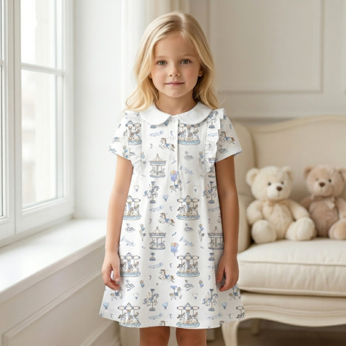 Платье с коротким рукавом и оборкой и воротником  из хлопка Supima DR018CL Bonbon Blue