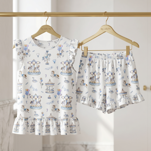 Коротка піжама для дівчаток  з рюшами з комiрцем  із бавовни Supima PJ007 Bonbon Blue