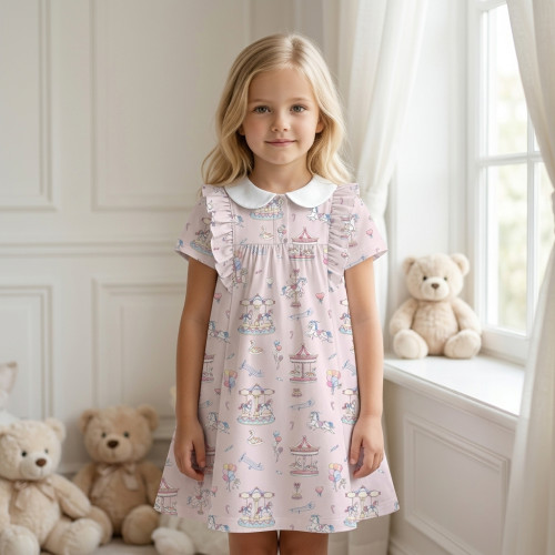 Платье с коротким рукавом и оборкой и воротником  из хлопка Supima DR018CL Bonbon Pink