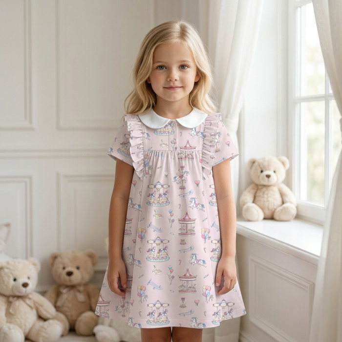 Платье с коротким рукавом и оборкой и воротником  из хлопка Supima DR018CL Bonbon Pink