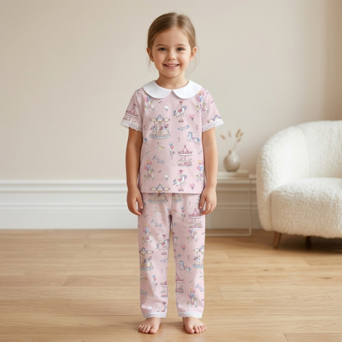 Детская пижама с воротником, короткий рукав  100% Pima Cotton -PJ021 BONBON PINK
