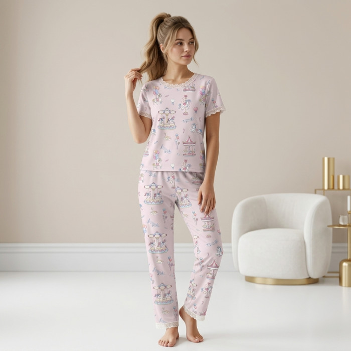 Елегантний комплект з футболкою та прямими штанами  100% Supima Cotton PW104 ·BONBON PINK