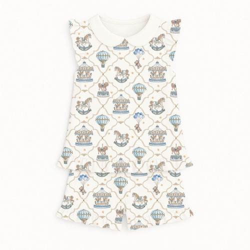 Короткая пижама для девочек с рюшами и воротником из хлопка Supima – PJ007 Coquette blue
