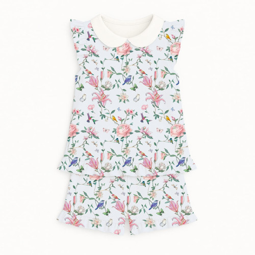 Короткая пижама для девочек с рюшами и воротником из хлопка Supima – PJ007 Lilly Print