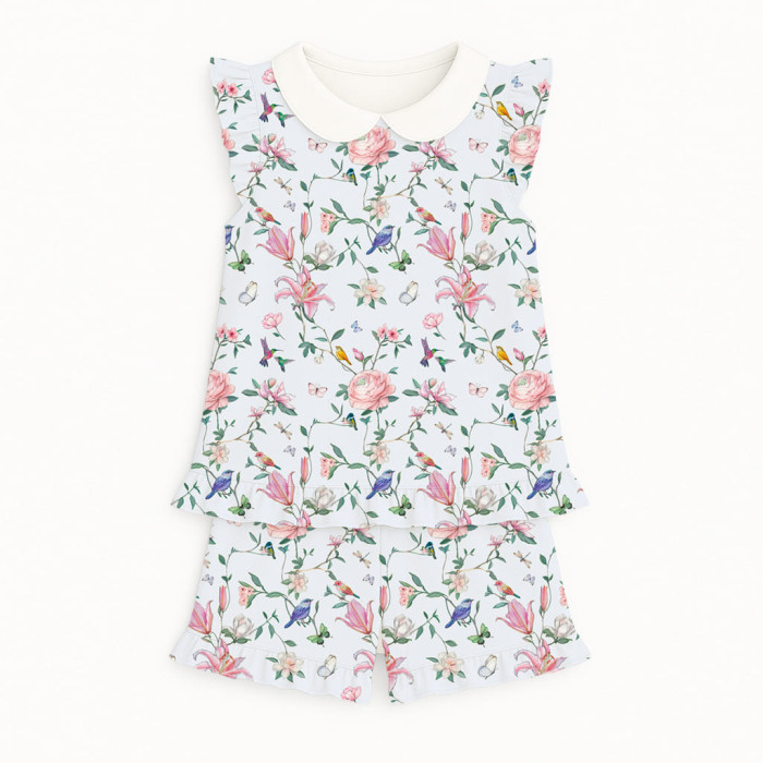 Коротка піжама для дівчаток  з рюшами з комiрцем  із бавовни Supima PJ007 Lilly Print
