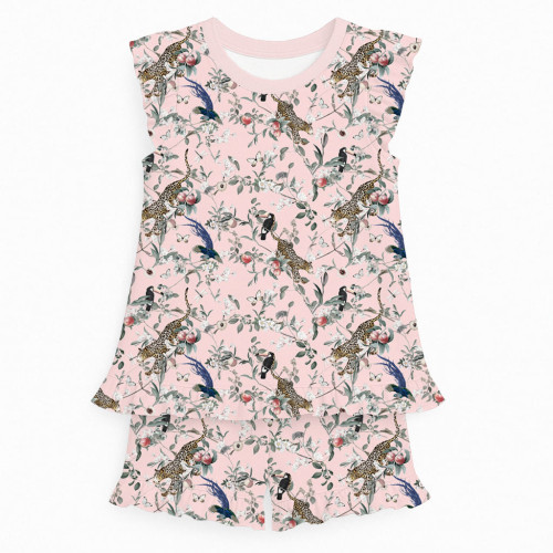 Короткая пижама для девочек с рюшами из хлопка Supima – PJ007 Pink Jaguar