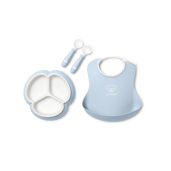 Набір дитячого посуду BabyBjorn Powder Blue 4 ел. (слинявчик, секційна тарілка, столові прибори)