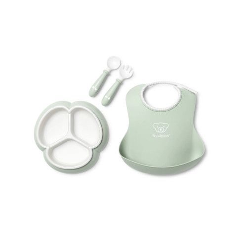 Набір дитячого посуду BabyBjorn Powder Green 4 ел. (слинявчик, секційна тарілка, столові прибори)