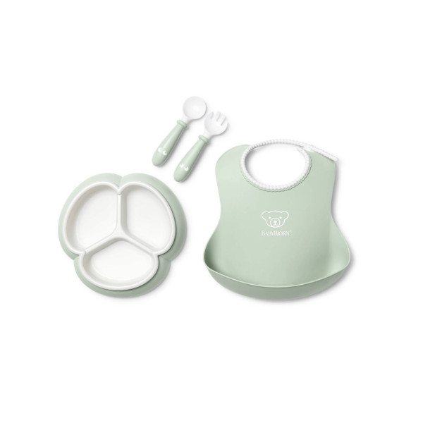 Набір дитячого посуду BabyBjorn Powder Green 4 ел. (слинявчик, секційна тарілка, столові прибори)