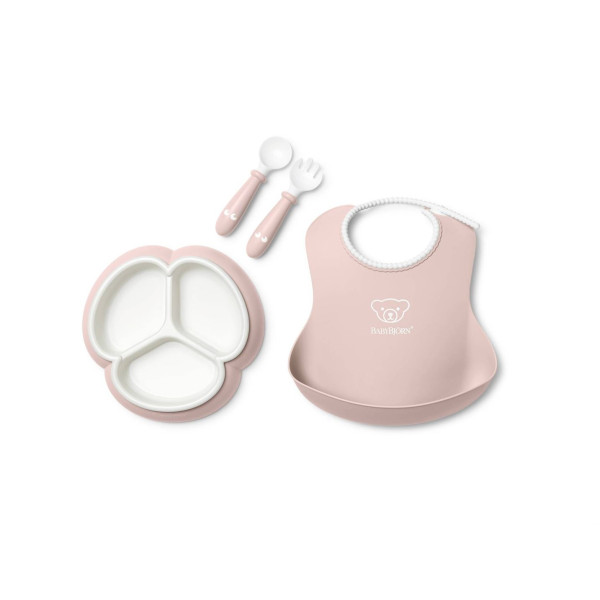 Набір дитячого посуду BabyBjorn Powder Pink 4 ел. (слинявчик, секційна тарілка, столові прибори)