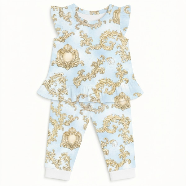 Довга піжама для дівчаток з рюшами із бавовни Supima – PJ012 ROYAL BLUSH BLUE