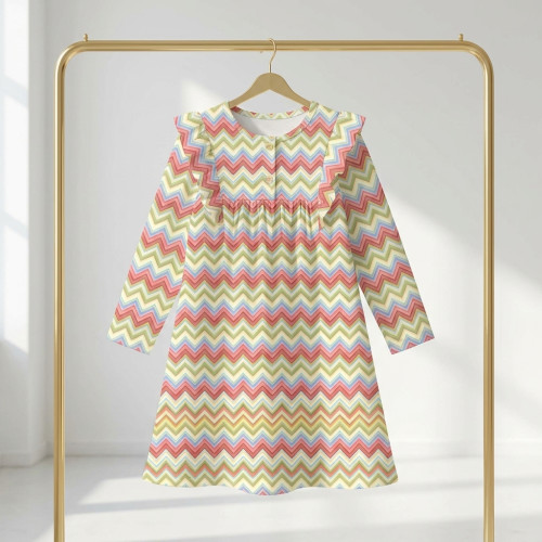 Чарівна нічна сукня з рюшами та довгим рукавом з бавовни Supima DR017 ZIG ZAG COLORFUL