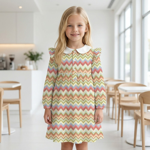 Чарівна сукня з рюшами, довгим рукавом i комірцем з бавовни Supima DR017CL ZIG ZAG COLORFUL