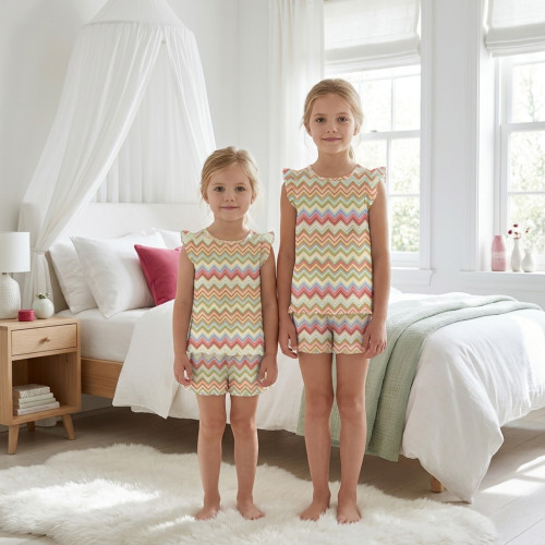 Коротка піжама для дівчаток  з рюшами  із бавовни Supima PJ007 ZIG ZAG COLORFUL