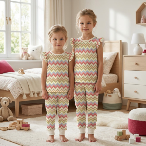 Хлопковая пижама для девочек с рюшами из хлопка Supima – PJ012 ZIG ZAG COLORFUL